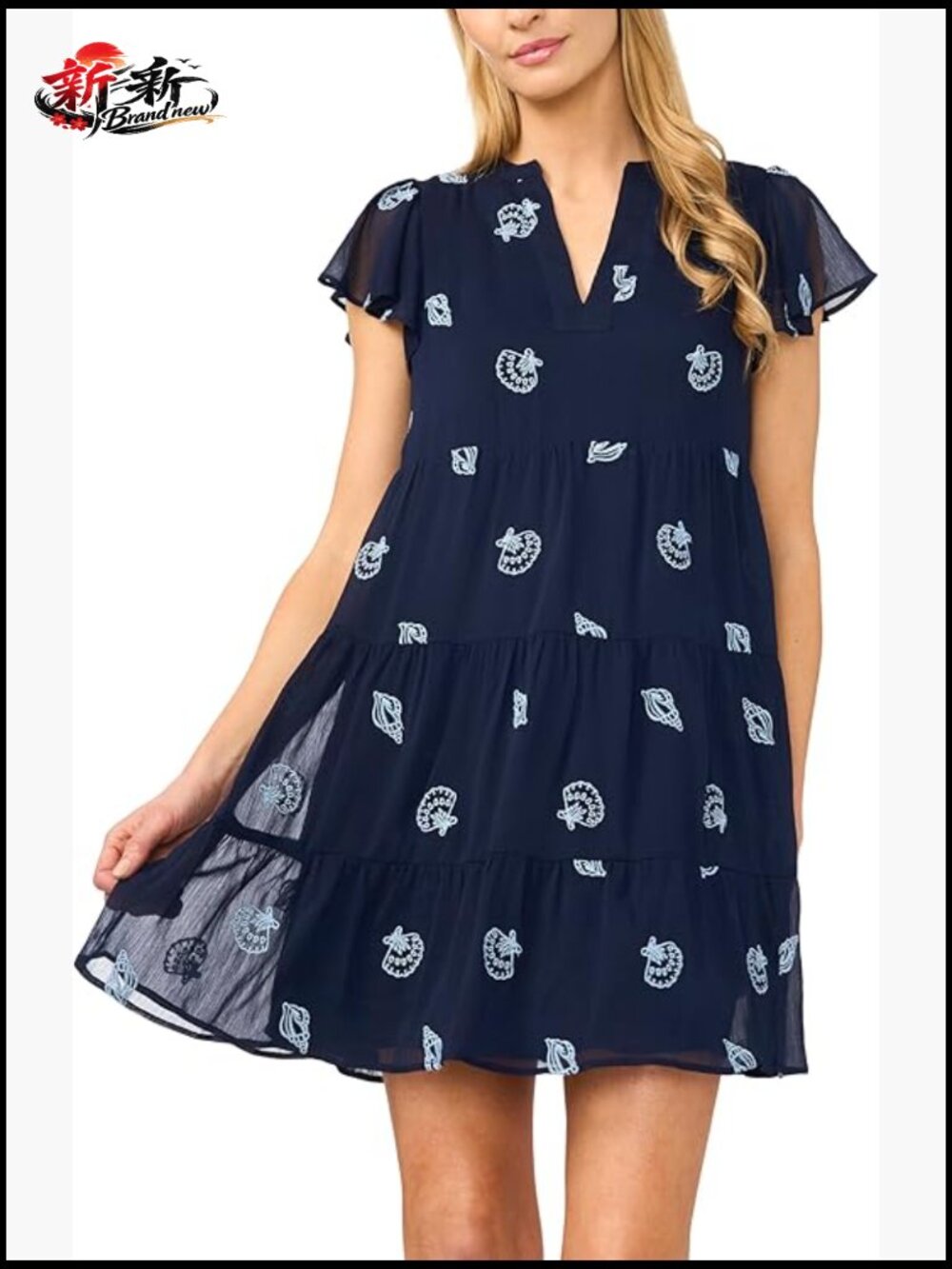 Flutter Sleeve Embroidered Dress, Pull On, V-Neck, Above Knee